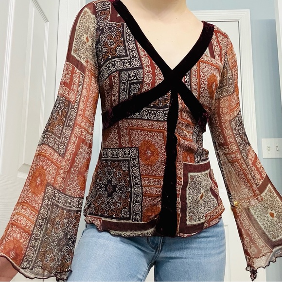 Y2K Blouse Fairy Long Sleeve Flared Silk Whimsigoth Boho Patterned Red Medium - Picture 1 of 8